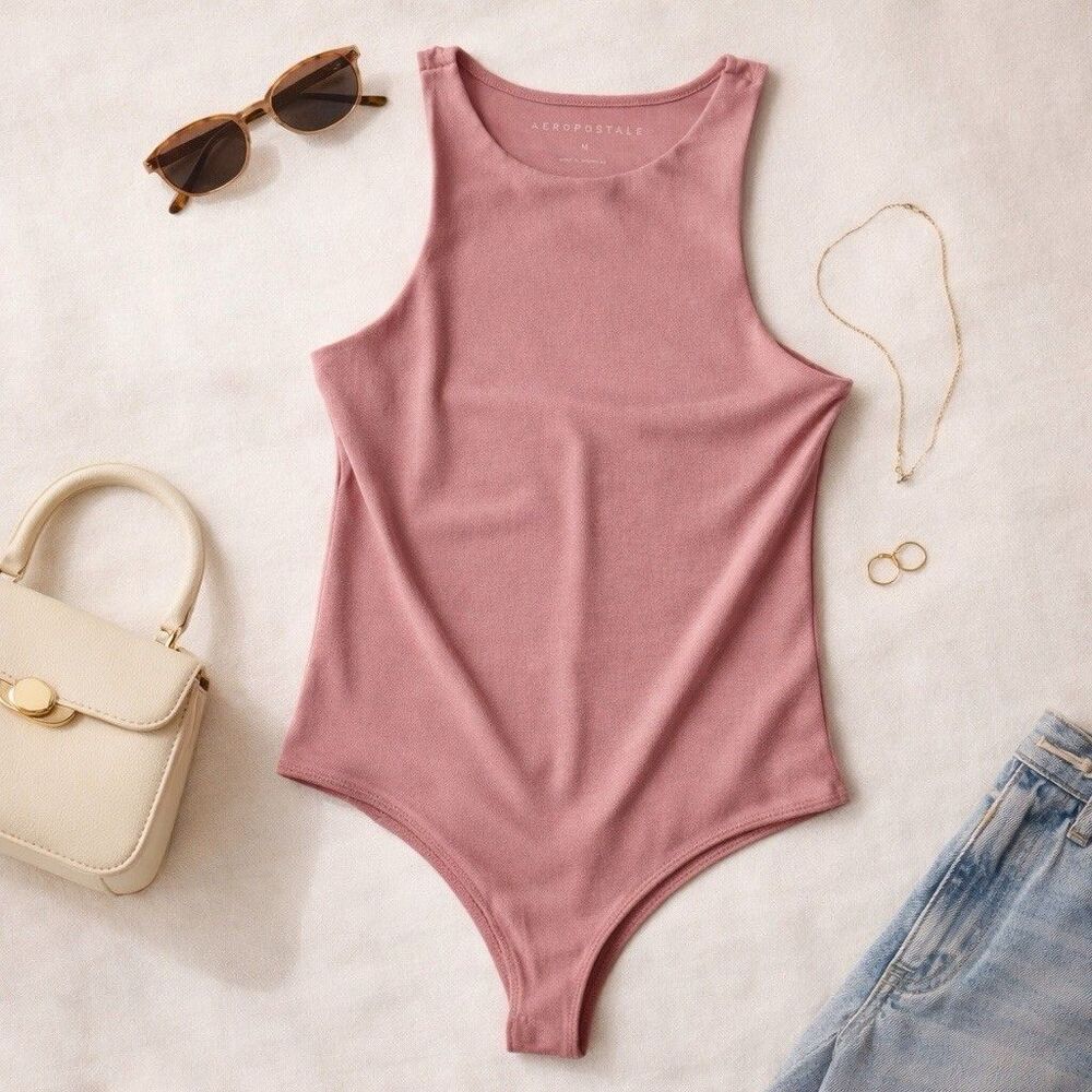 Aeropostale Satin Bodysuit Dusty Pink Sleeveless Thong Snap Y2K Indie M